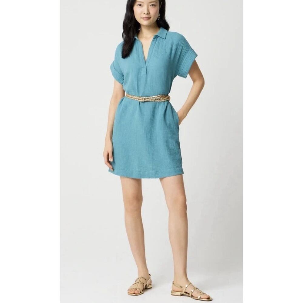 J Crew Dress Women Large Blue Double Gauze Pocket Tunic Coastal Boho A009980 - Picture 2 of 11